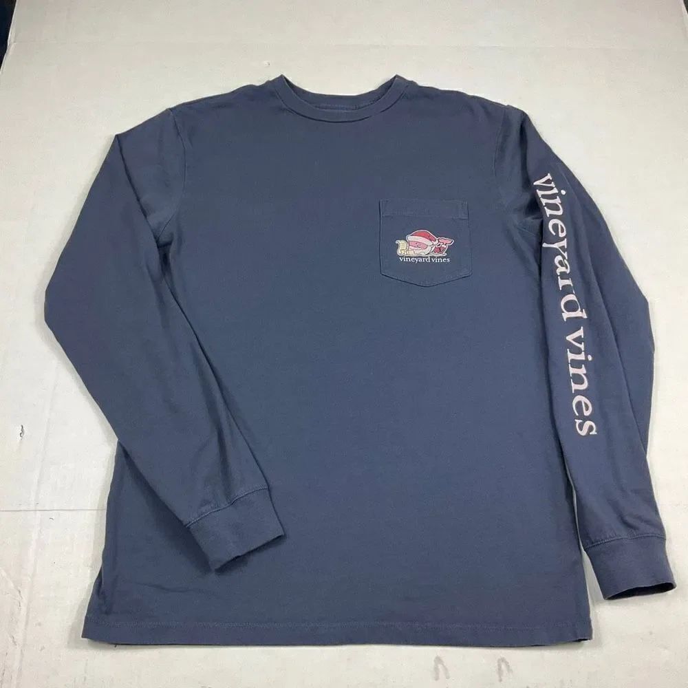 Vineyard Vines Mens Long Sleeve Graphic Print T-Shirt Blue Santa Whale Tee XS